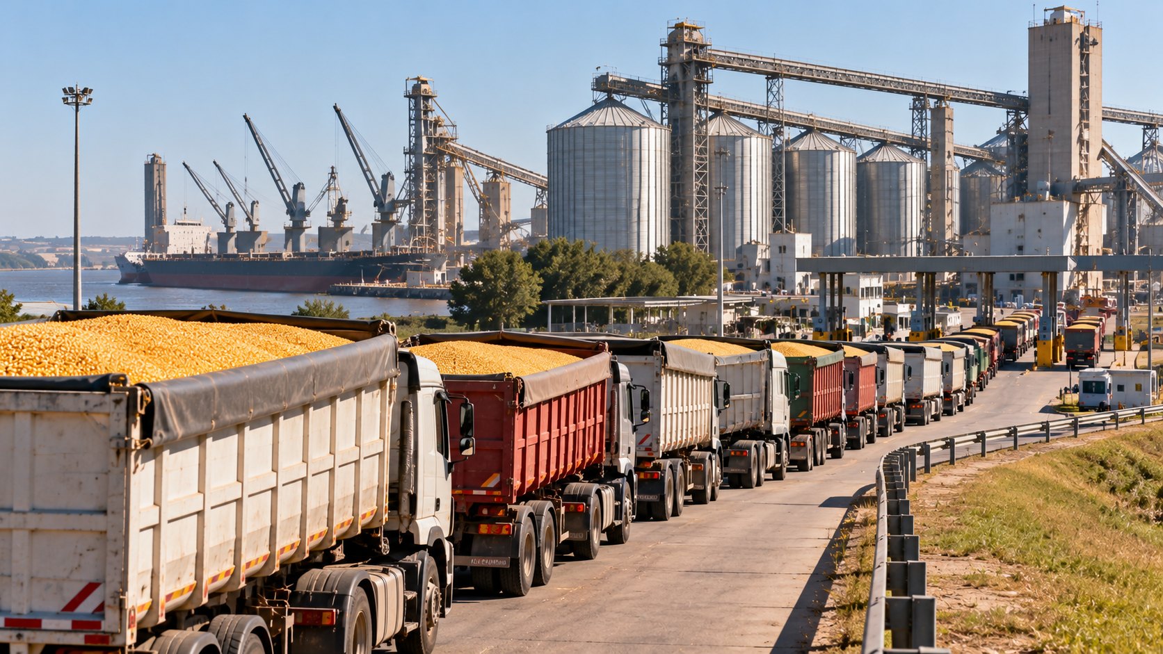 Ilustración editorial generada con IA: una fila de camiones cerealeros cargados de maíz espera para descargar en el acceso a una terminal portuaria con silos y grúas al fondo; composición conceptual, no es una fotografía de un puerto identificado.