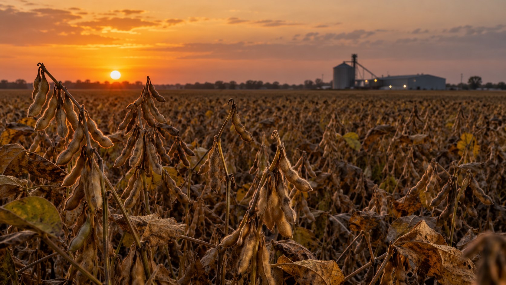 Ilustración editorial generada con IA: un lote de soja madura en la llanura cordobesa al atardecer, con un silo y un galpón industrial al fondo; composición conceptual, no es una fotografía de un establecimiento real.
