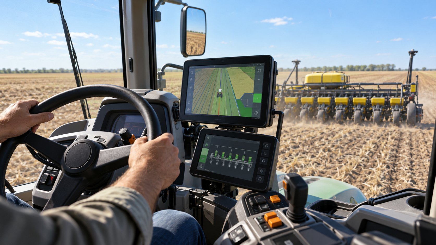 Ilustración editorial generada con IA: las manos de un operario sobre el volante en la cabina de un tractor durante la siembra, junto a un monitor de siembra y un piloto automático de agricultura de precisión, con una sembradora trabajando en el lote; composición conceptual, no muestra un equipo de Plantium identificado.