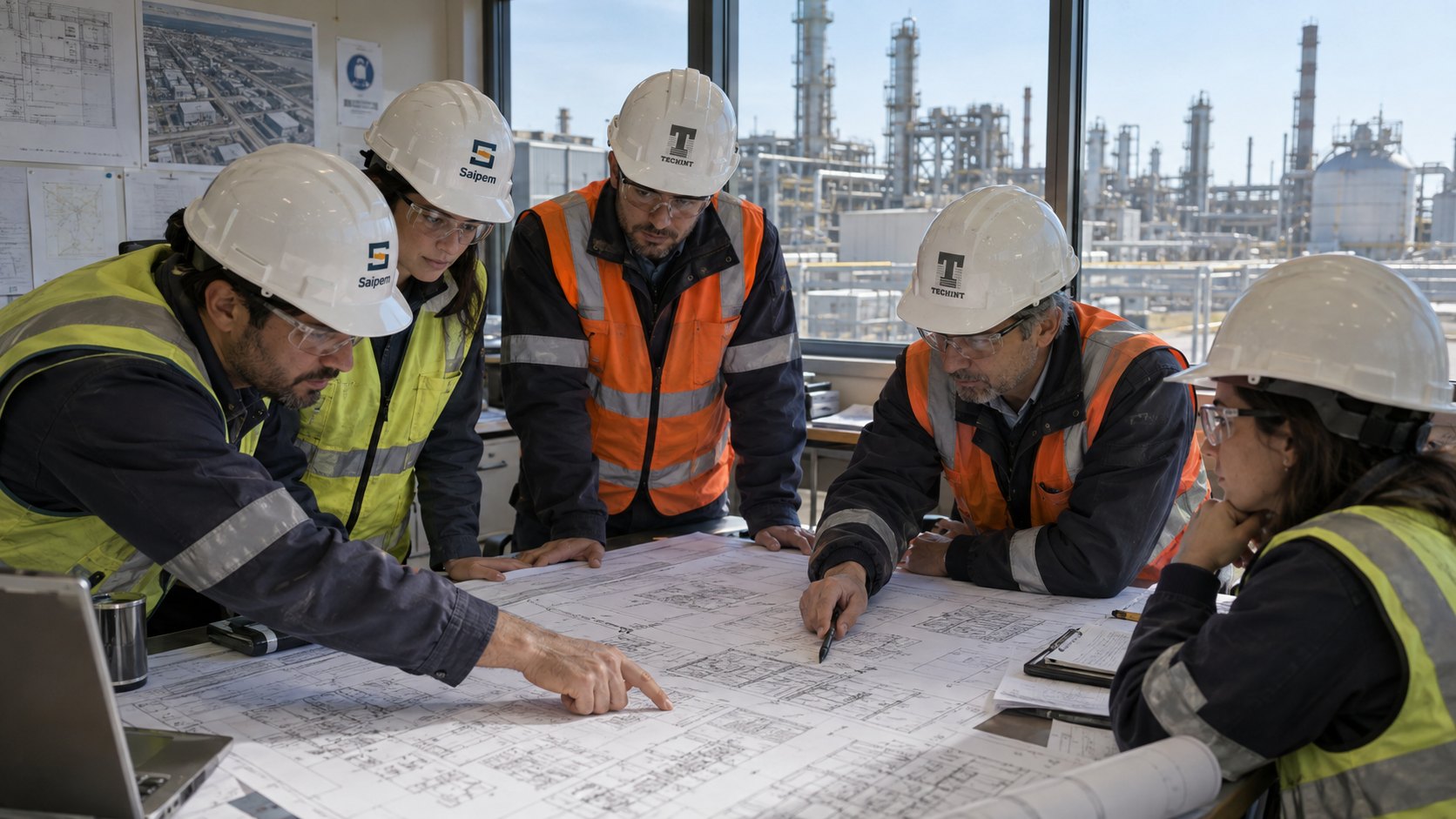 Ilustración editorial generada con IA: ingenieros con cascos y chalecos de seguridad revisan planos de proceso en una oficina técnica con vista a una planta petroquímica en Bahía Blanca; composición conceptual de la etapa de ingeniería, no es una fotografía de una reunión real.