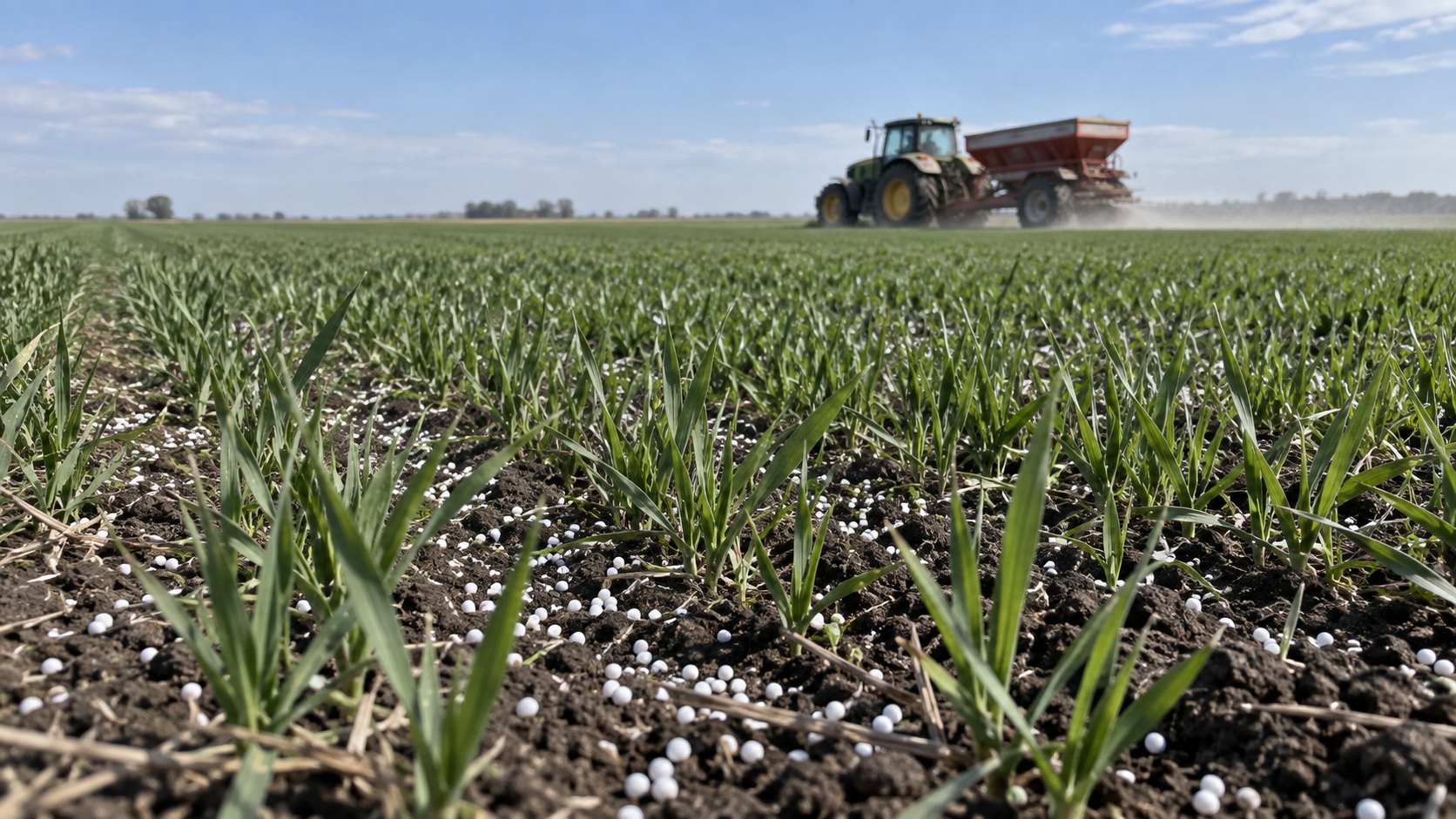 Ilustración editorial generada con IA: una fertilizadora esparce urea granulada sobre un lote de trigo en la llanura pampeana, con gránulos blancos en primer plano y un tractor al fondo; composición conceptual, no es una fotografía de un campo real.