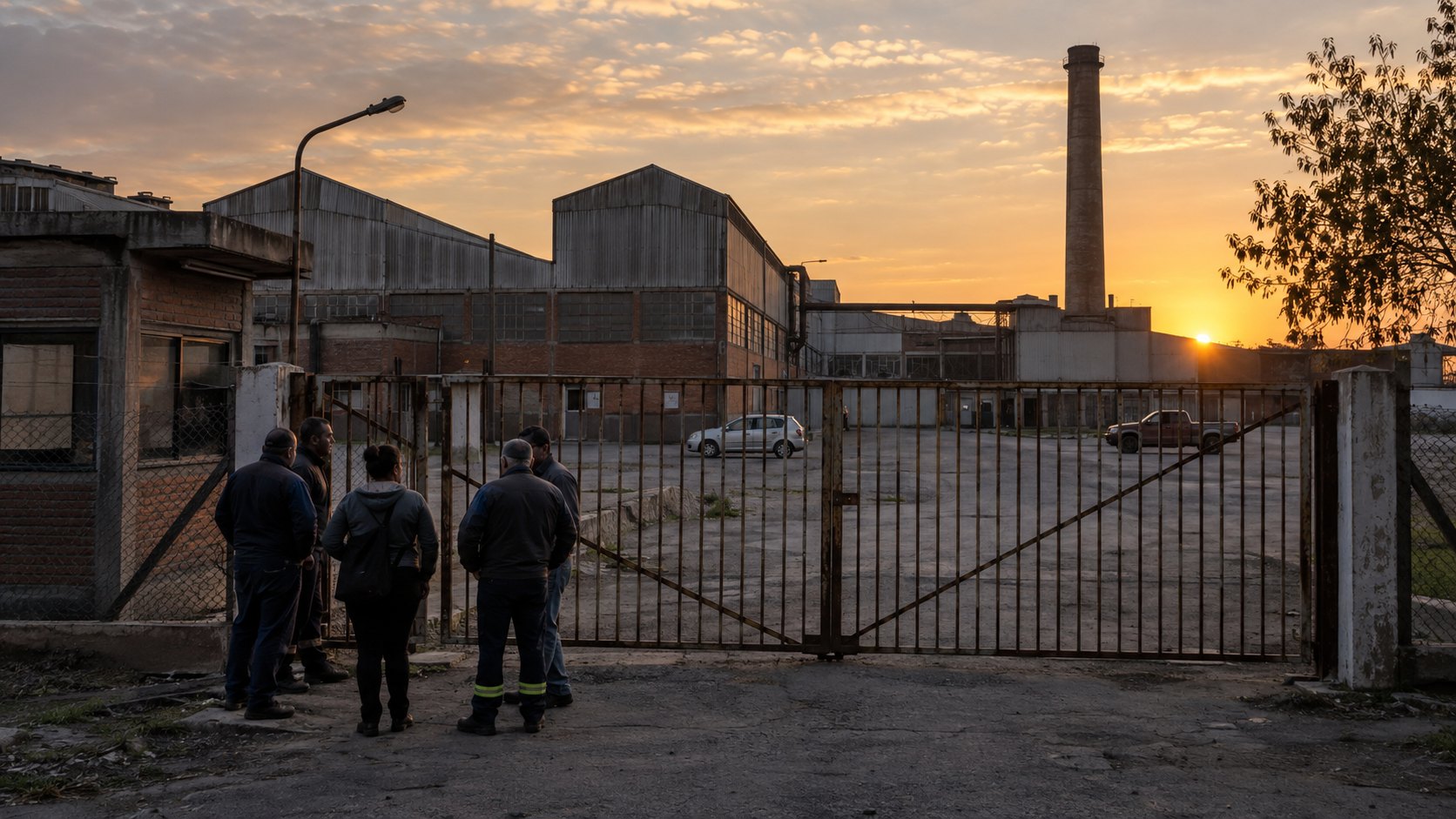 Ilustración editorial generada con IA: trabajadores de espaldas frente al portón de rejas cerrado de una vieja planta textil de ladrillo y chapa, con una chimenea sin humo y el estacionamiento casi vacío al atardecer; composición conceptual, no es una fotografía de la planta de Reconquista.