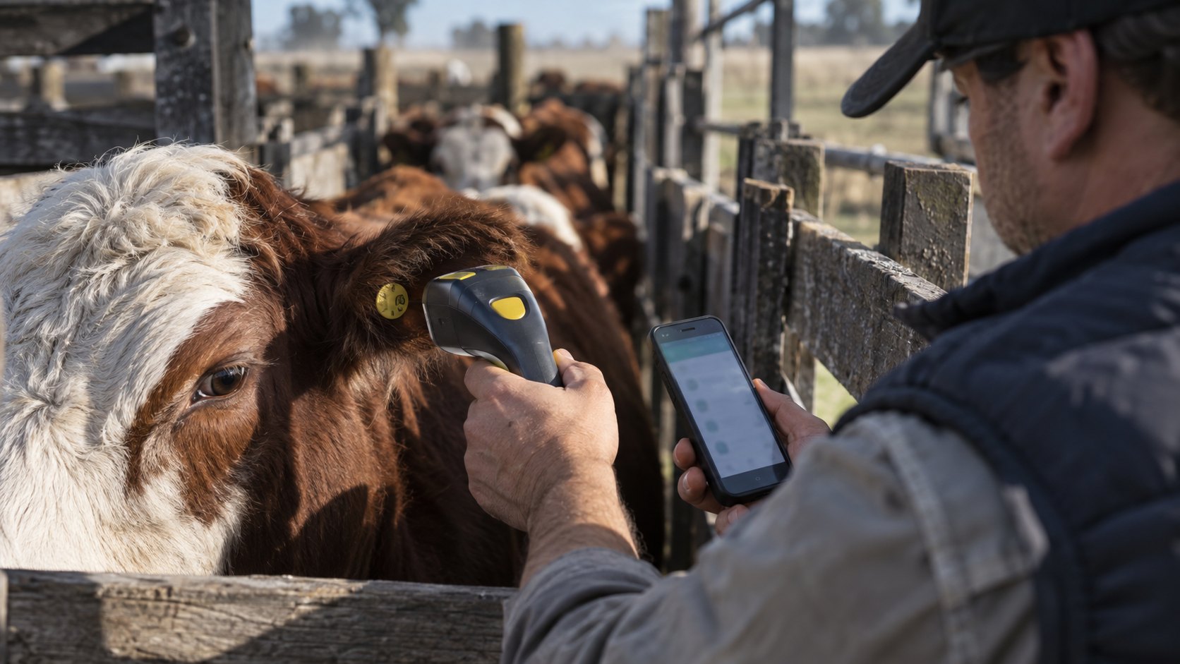 Ilustración editorial generada con IA: un operario de un ente sanitario acerca un lector electrónico de mano a la caravana de una vaca en la manga y revisa los datos del animal en un teléfono celular; composición conceptual, no es una fotografía de un hecho real.