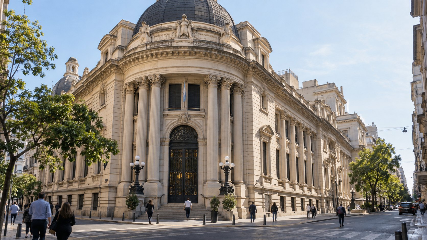 Ilustración editorial generada con IA: un edificio academicista con cúpula en una esquina del centro de Rosario, inspirado en la Bolsa de Comercio, con peatones en la vereda en un día soleado; composición conceptual, no es una fotografía del edificio real.