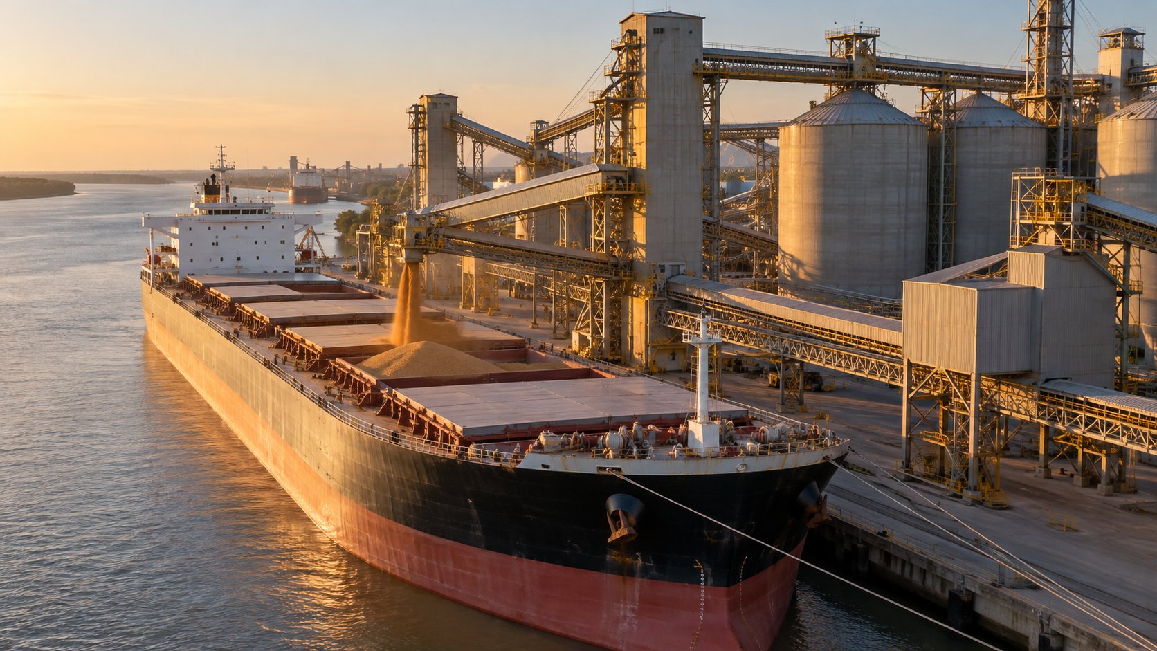 Ilustración editorial generada con IA: un buque granelero recibe soja desde una cinta transportadora en una terminal portuaria con silos sobre el río Paraná, al atardecer; composición conceptual, no es una fotografía de una terminal identificada.