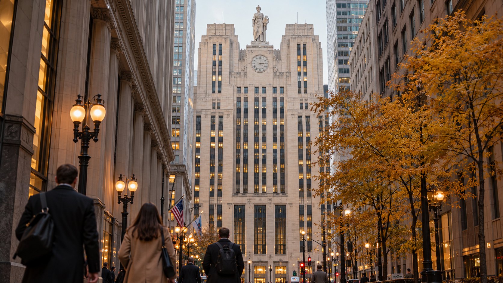 Ilustración editorial generada con IA: la fachada art déco del edificio del Chicago Board of Trade, coronada por la estatua de Ceres, al final de la calle LaSalle en una tarde de otoño, con peatones de espaldas; composición representativa, no es una fotografía de un día identificado.