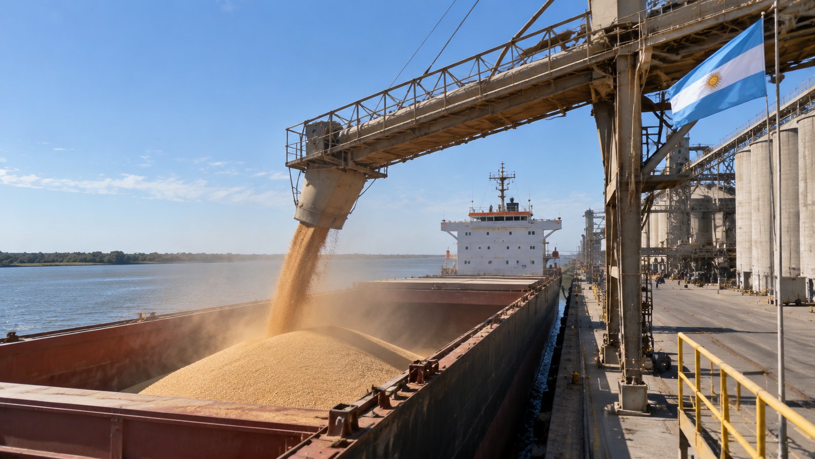 Ilustración editorial generada con IA: un brazo cargador vierte trigo en la bodega de un buque granelero amarrado en una terminal portuaria sobre el río Paraná, con silos al costado y una bandera argentina en el muelle; composición representativa, no es una fotografía de una terminal identificada.