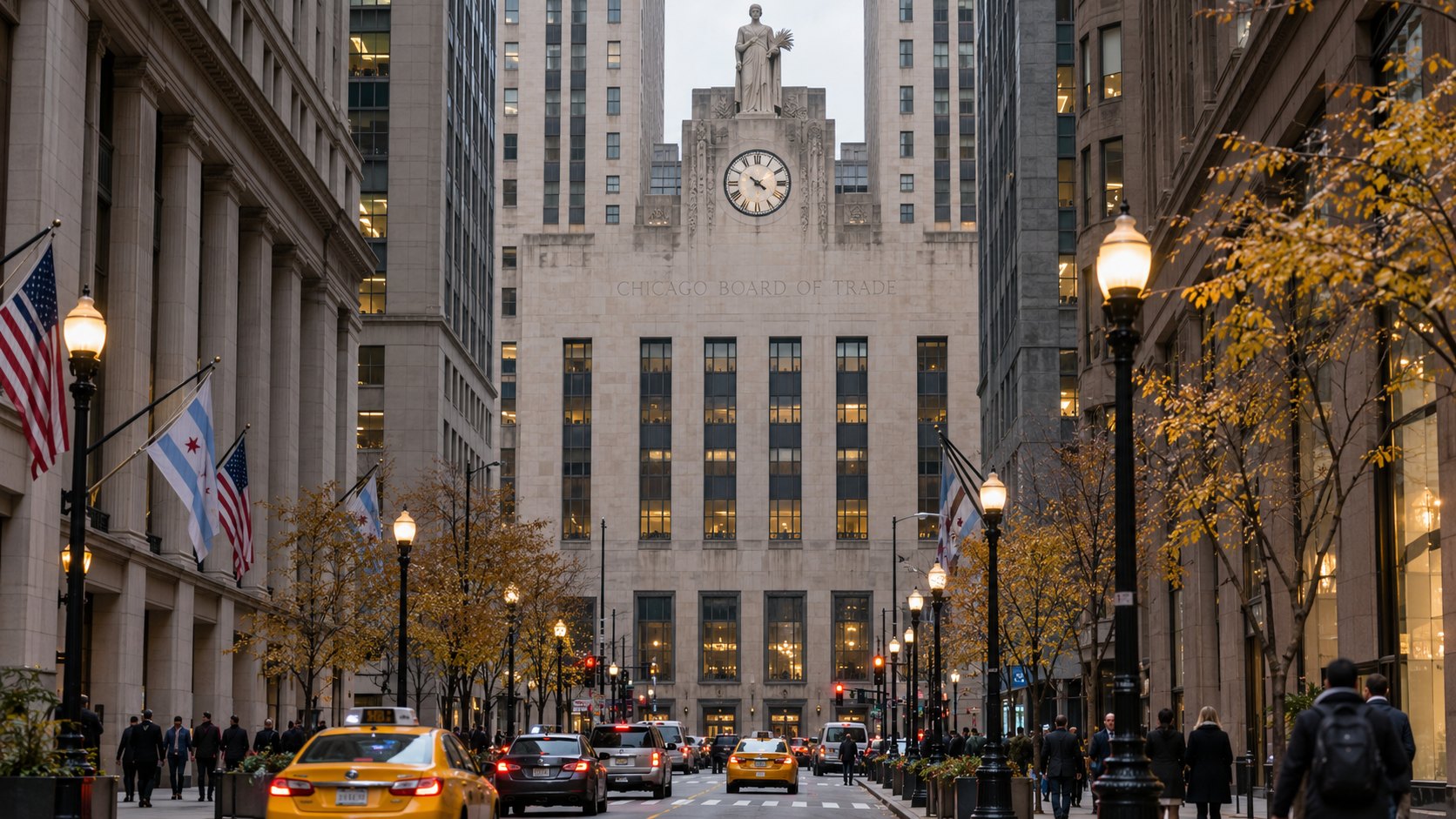 Ilustración editorial generada con IA: la fachada art déco del edificio de la Chicago Board of Trade, con su reloj y la estatua de Ceres en la cima, vista desde LaSalle Street en un día de otoño, con taxis y peatones; composición conceptual, no es una fotografía del día del informe.