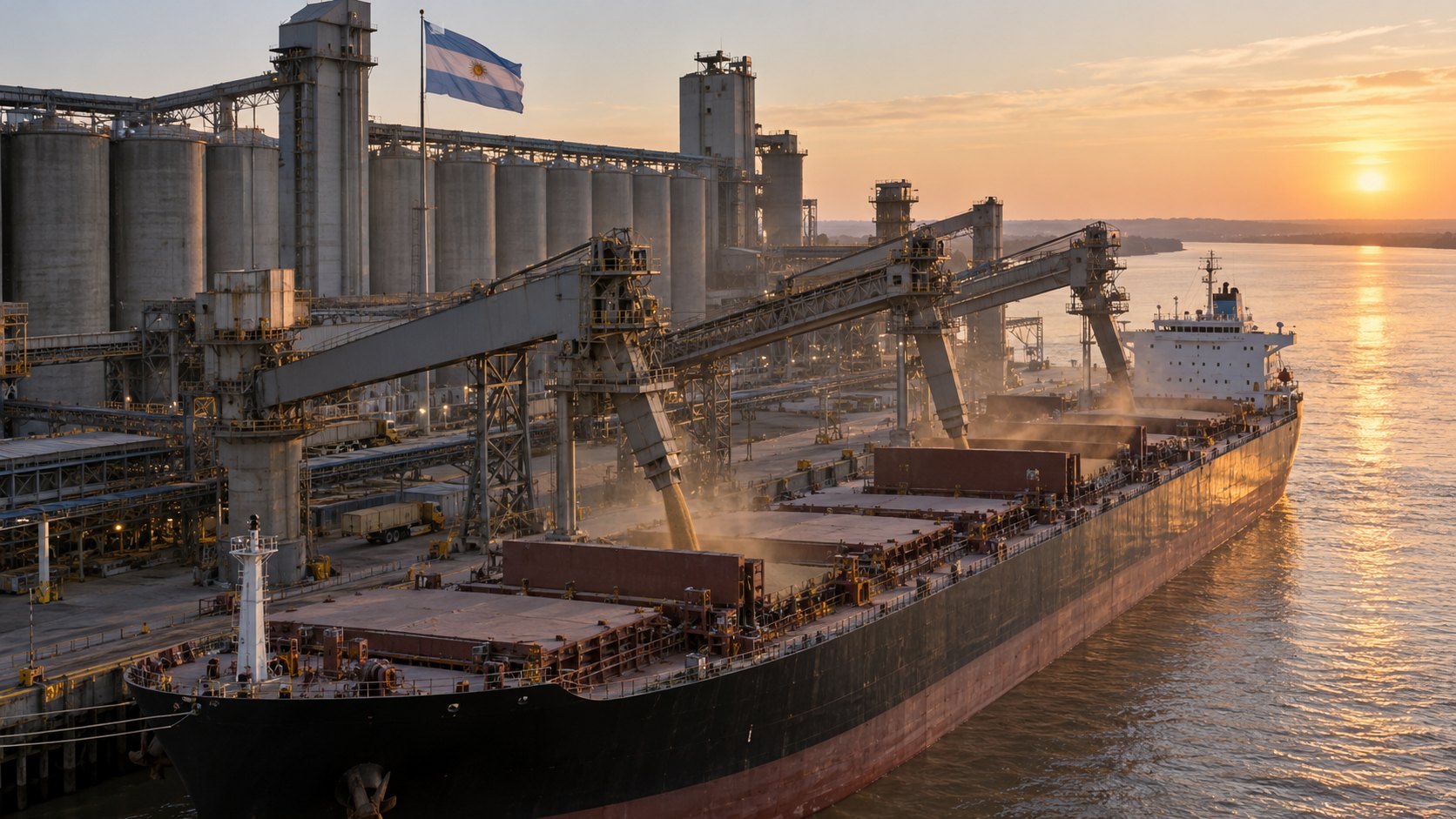 Ilustración editorial generada con IA: un buque granelero carga granos en una terminal portuaria sobre el río Paraná, con brazos cargadores, silos y una bandera argentina, al atardecer; composición conceptual, no es una fotografía de una terminal real.
