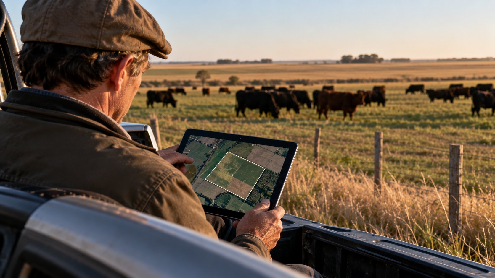 Ilustración editorial generada con IA: un productor ganadero sentado en la caja de su camioneta junto a un potrero mira en una tablet la imagen satelital de su campo con el contorno del lote marcado, con vacas pastando al fondo; composición conceptual, no es una fotografía de la plataforma VISEC Carne.