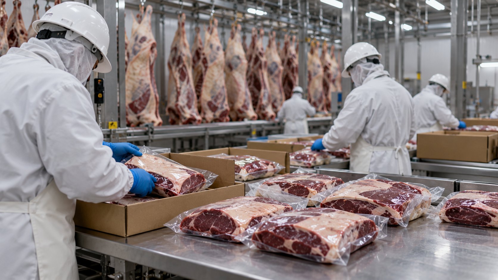 Ilustración editorial generada con IA: operarios con bata y casco blancos acomodan cortes de carne vacuna envasados al vacío en cajas de exportación sobre una mesa de acero inoxidable de una cámara frigorífica; composición conceptual, no es una fotografía de un frigorífico identificado.