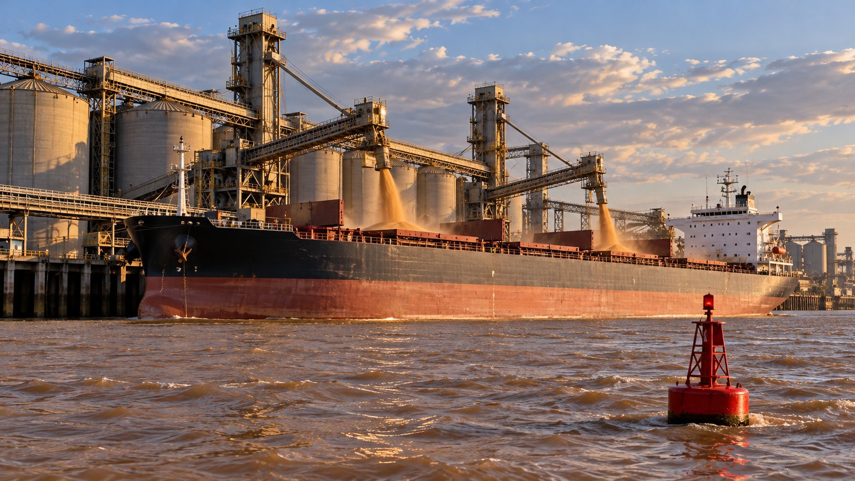 Ilustración editorial generada con IA: una terminal de granos sobre el río Paraná carga soja en un buque granelero amarrado, con silos, cintas transportadoras y una boya roja de balizamiento en primer plano; composición conceptual, no es una fotografía de una terminal identificada.