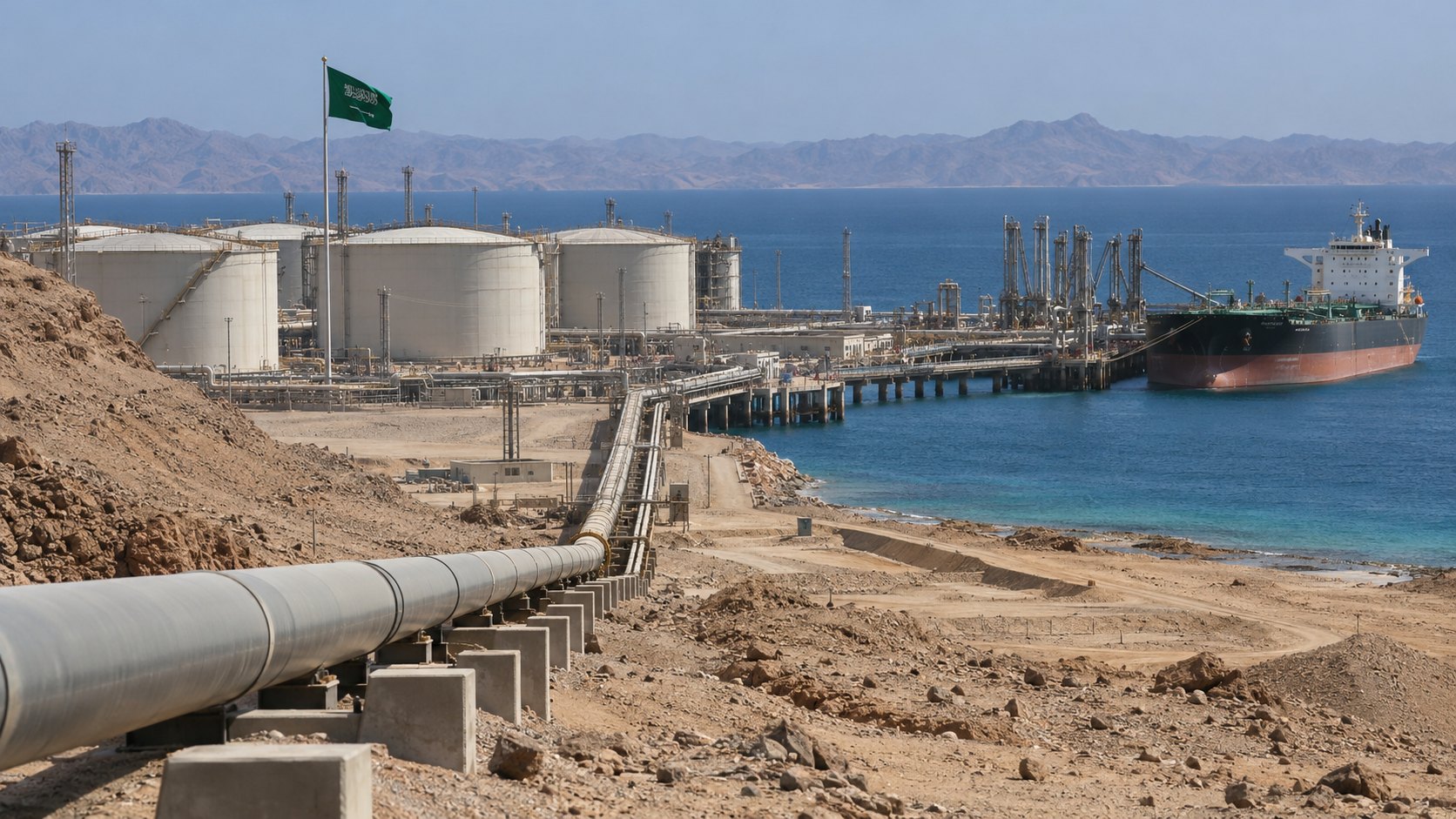 Ilustración editorial generada con IA: una terminal petrolera en la costa del mar Rojo, en Arabia Saudita, con un oleoducto que cruza el desierto hasta tanques de almacenamiento blancos y un buque tanque amarrado en el muelle, junto a una bandera saudita; composición conceptual, no es una fotografía de una terminal real.