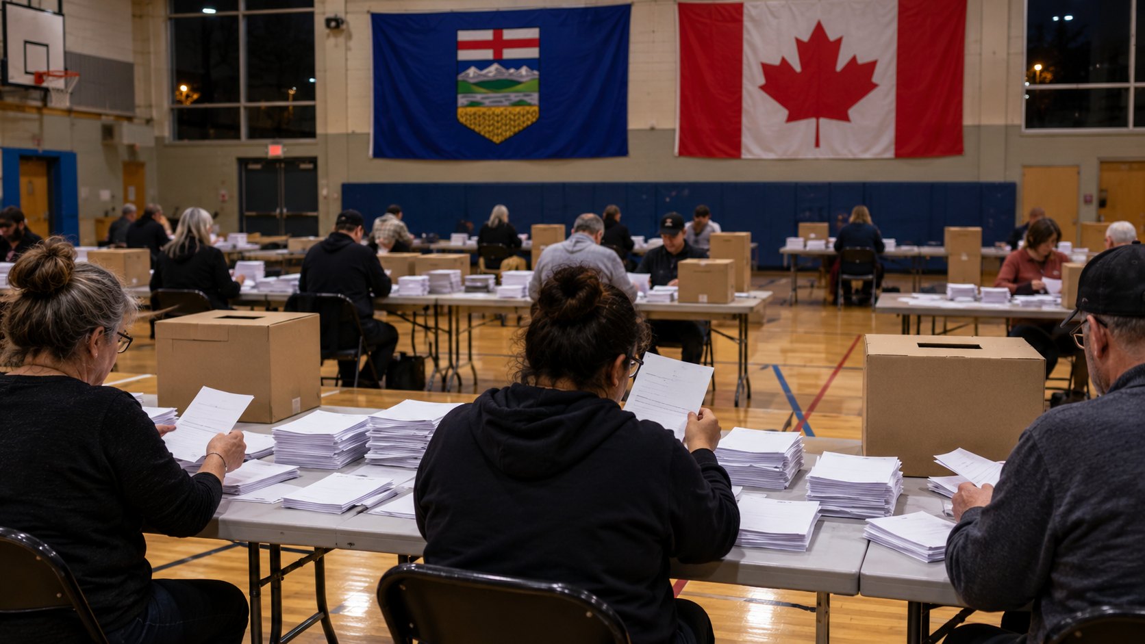 Ilustración editorial generada con IA: trabajadores electorales cuentan boletas de papel en mesas largas de un gimnasio usado como centro de votación, con banderas de Alberta y de Canadá en la pared del fondo; no es una fotografía del escrutinio real.