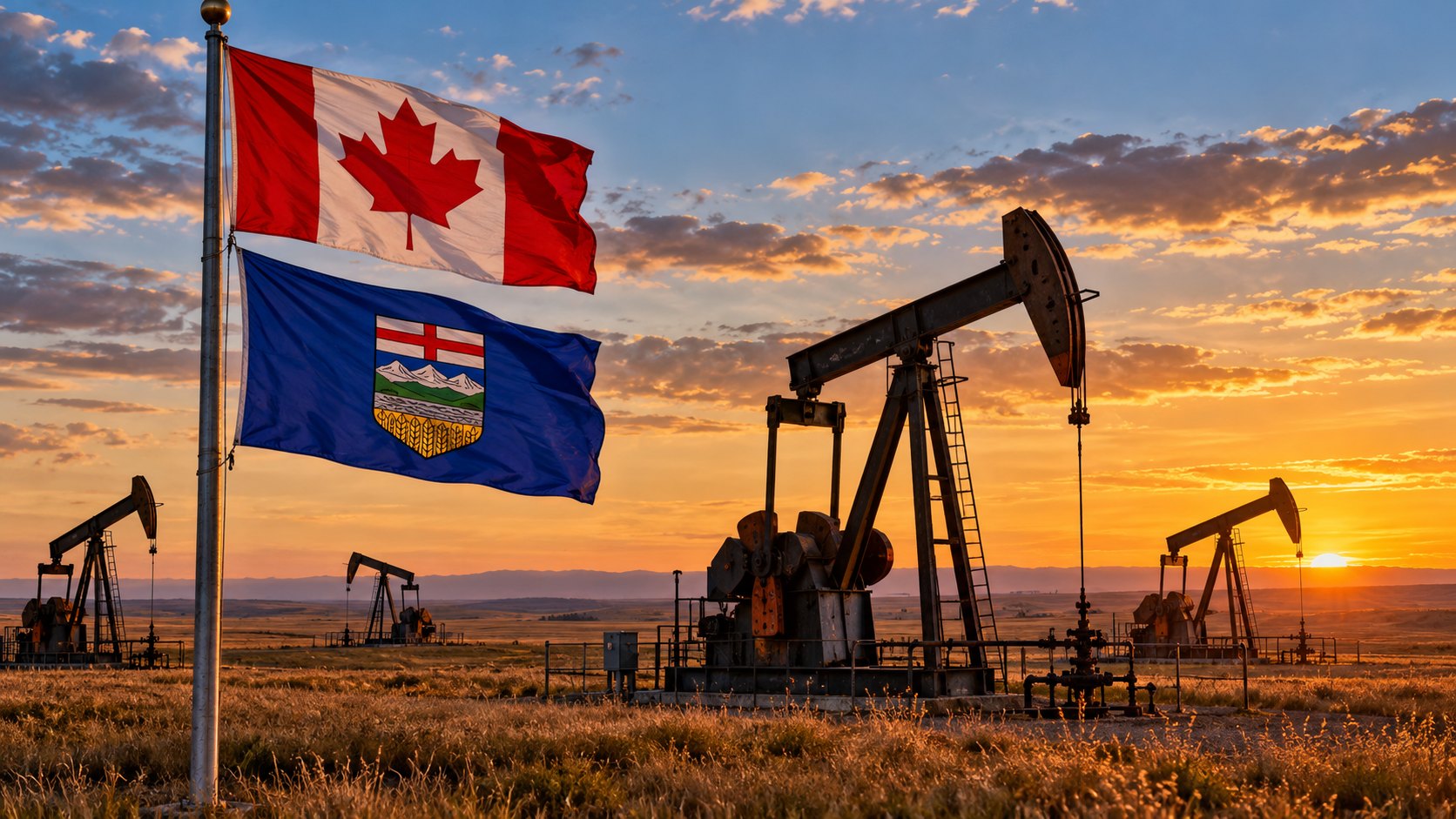 Ilustración editorial generada con IA: al atardecer, en la pradera de Alberta, varios balancines de bombeo de petróleo trabajan en un campo abierto mientras una bandera de Canadá y una bandera de Alberta flamean en un mástil en primer plano; composición conceptual, no es una fotografía de un yacimiento real.