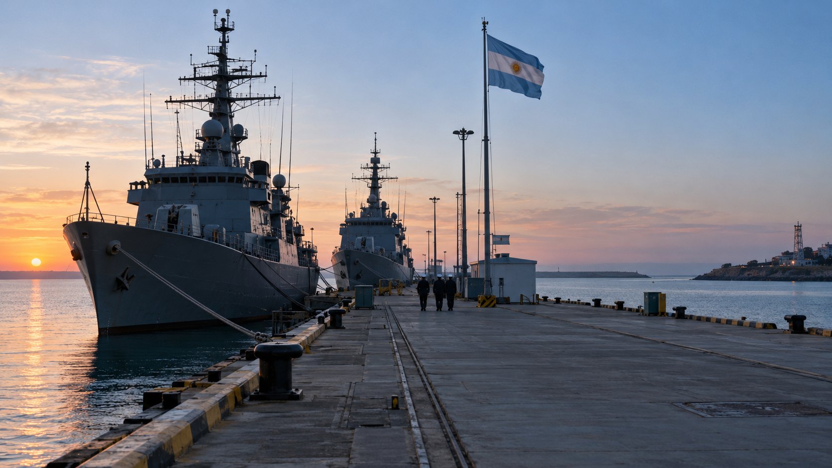Ilustración editorial generada con IA: vista al amanecer del muelle de una base naval de la costa atlántica argentina, con buques de guerra grises amarrados y una bandera argentina; composición conceptual, no es una fotografía de la Base Naval Mar del Plata.