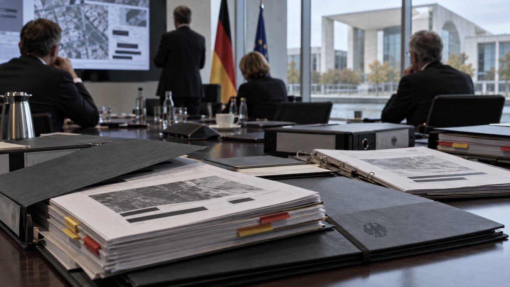 Ilustración editorial generada con IA: biblioratos y carpetas con documentos sobre una mesa de reuniones, con banderas de Alemania y de la Unión Europea y vista a la Cancillería federal de Berlín, mientras funcionarios siguen una presentación; composición conceptual, no es una fotografía de una reunión real.