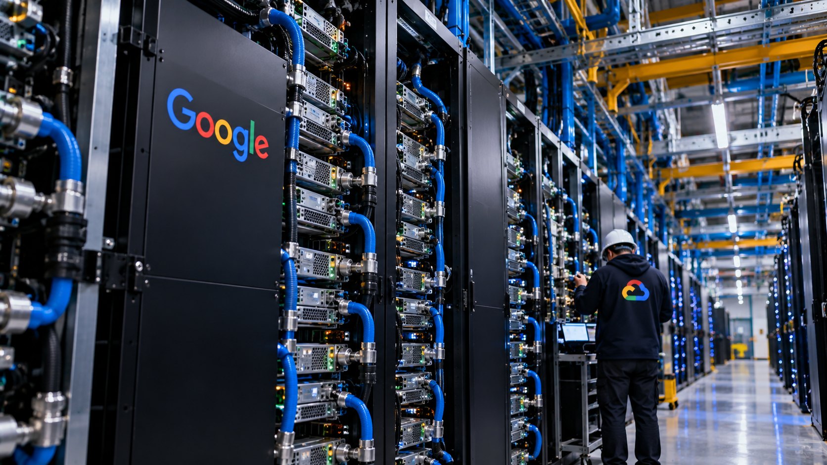 Ilustración editorial generada con IA: un técnico de espaldas revisa un módulo en una sala de servidores con hileras de racks de TPU de Google y caños de refrigeración líquida; composición conceptual, no es una fotografía de un centro de datos identificado.