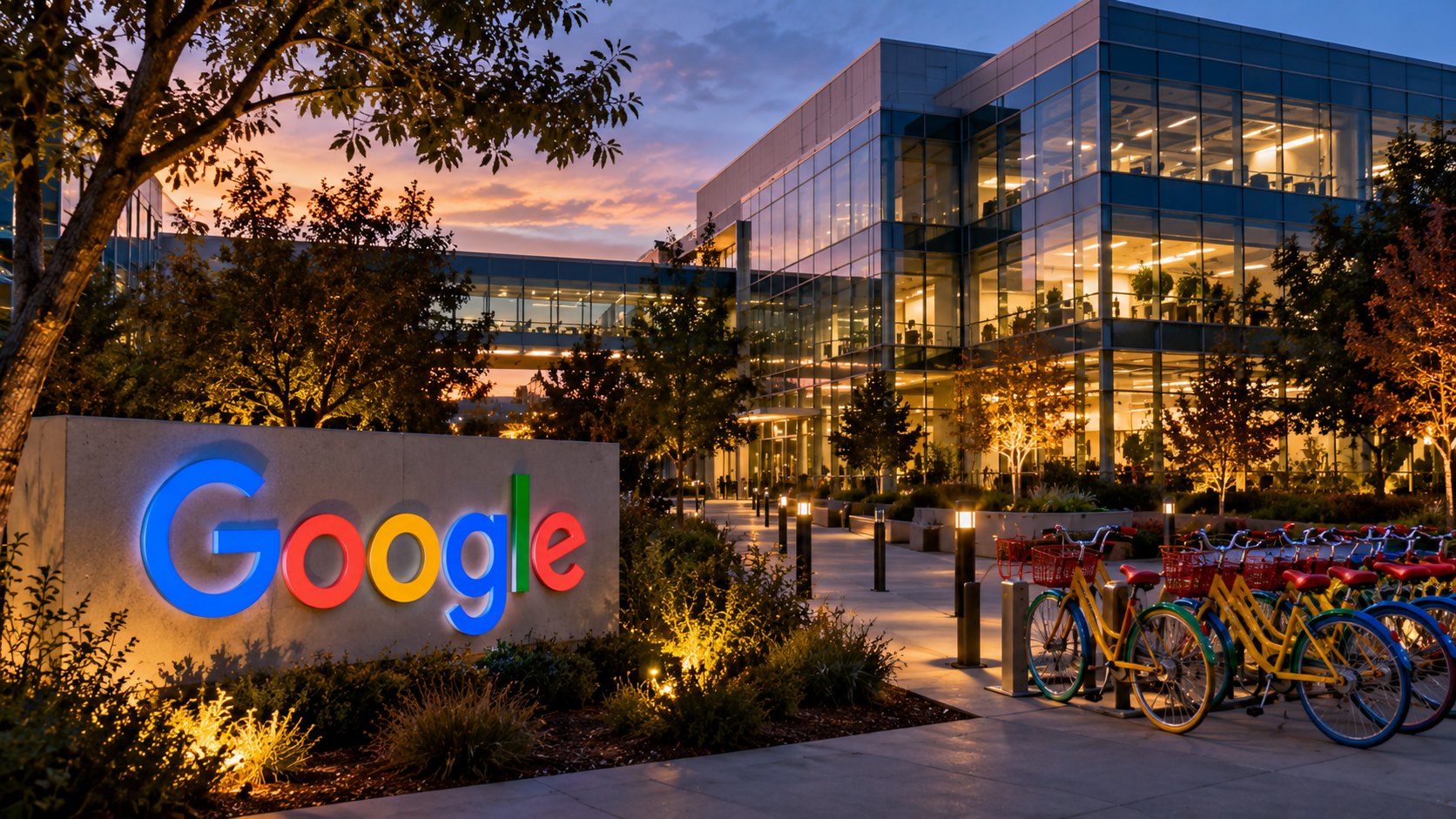 Ilustración editorial generada con IA: la entrada de la sede de Google en Mountain View al anochecer, con el cartel de Google, edificios de vidrio iluminados y bicicletas de colores estacionadas; composición conceptual, no es una fotografía tomada el día de los resultados.