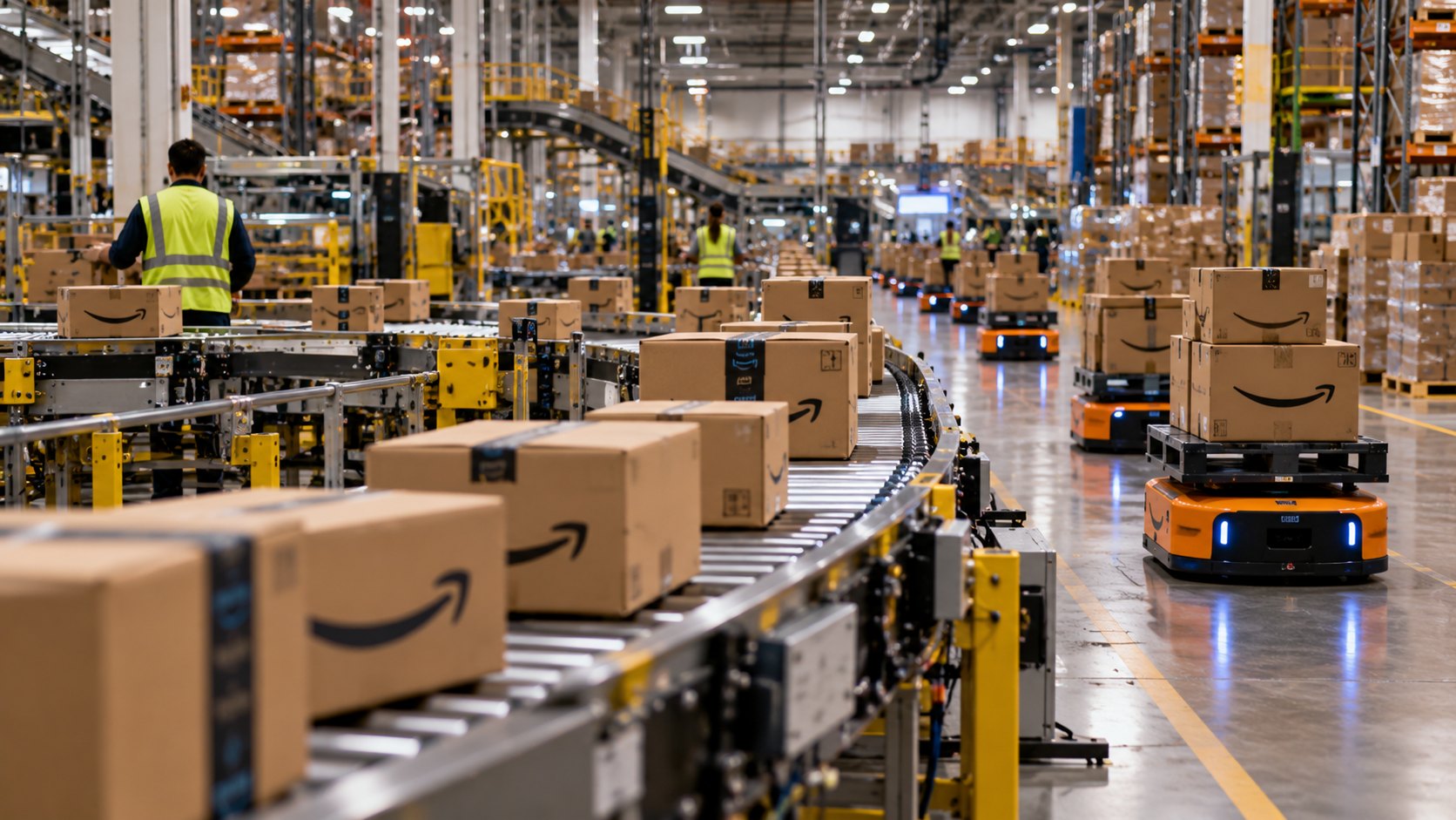 Ilustración editorial generada con IA: el interior de un centro de distribución de Amazon, con cintas transportadoras cargadas de cajas con la sonrisa de la marca y robots de almacén; composición conceptual, no es una fotografía documental.