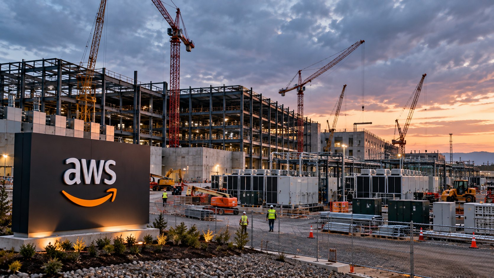 Ilustración editorial generada con IA: la obra de un campus de centros de datos en construcción, con grúas, estructuras de acero y generadores, y un cartel de obra con el logo de AWS bajo un cielo nublado; composición conceptual, no es una fotografía documental.