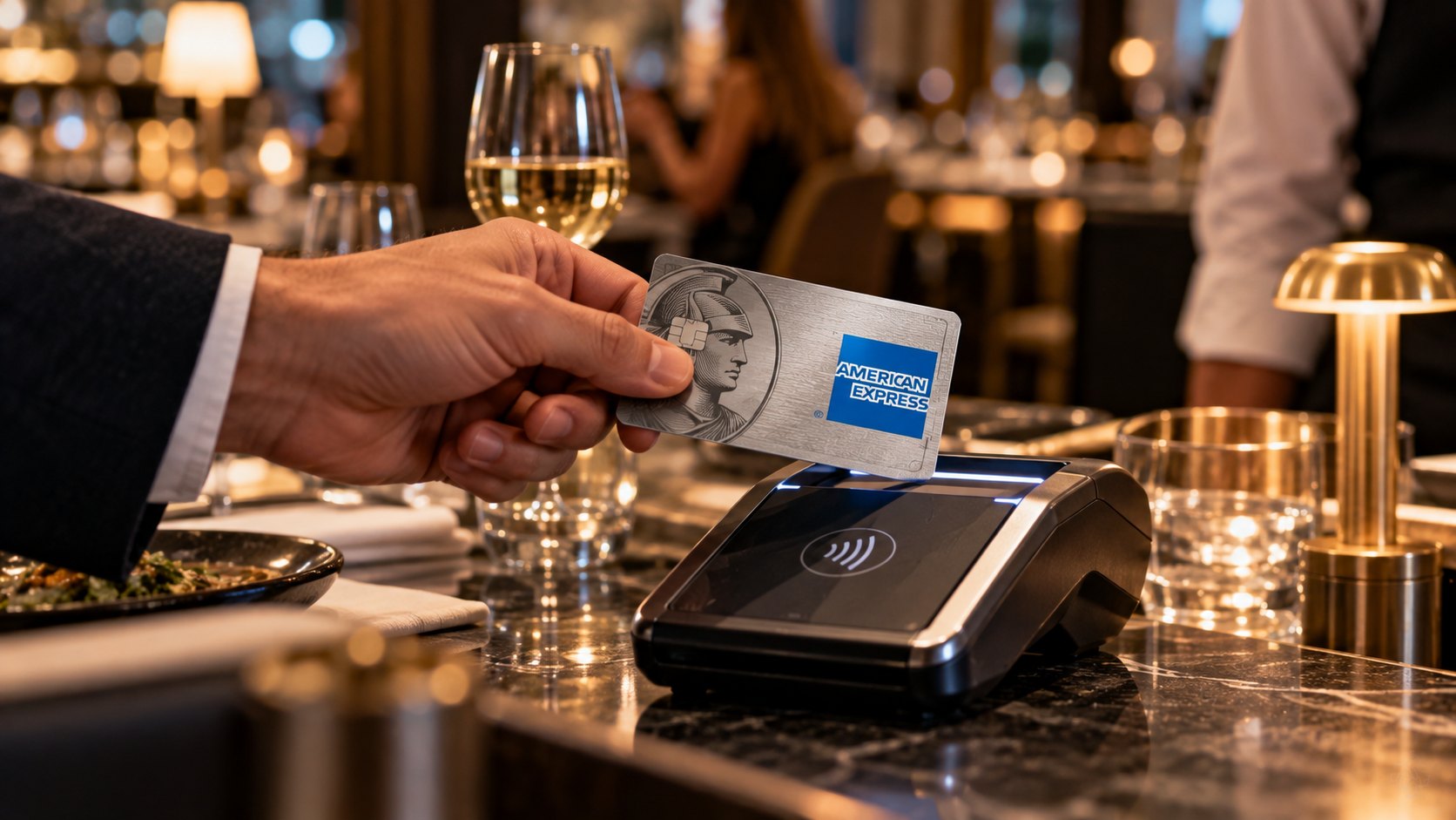 Ilustración editorial generada con IA: la mano de un cliente acerca una tarjeta metálica de American Express a una terminal de pago sin contacto en la barra de un restaurante; composición conceptual, no reproduce una tarjeta real.