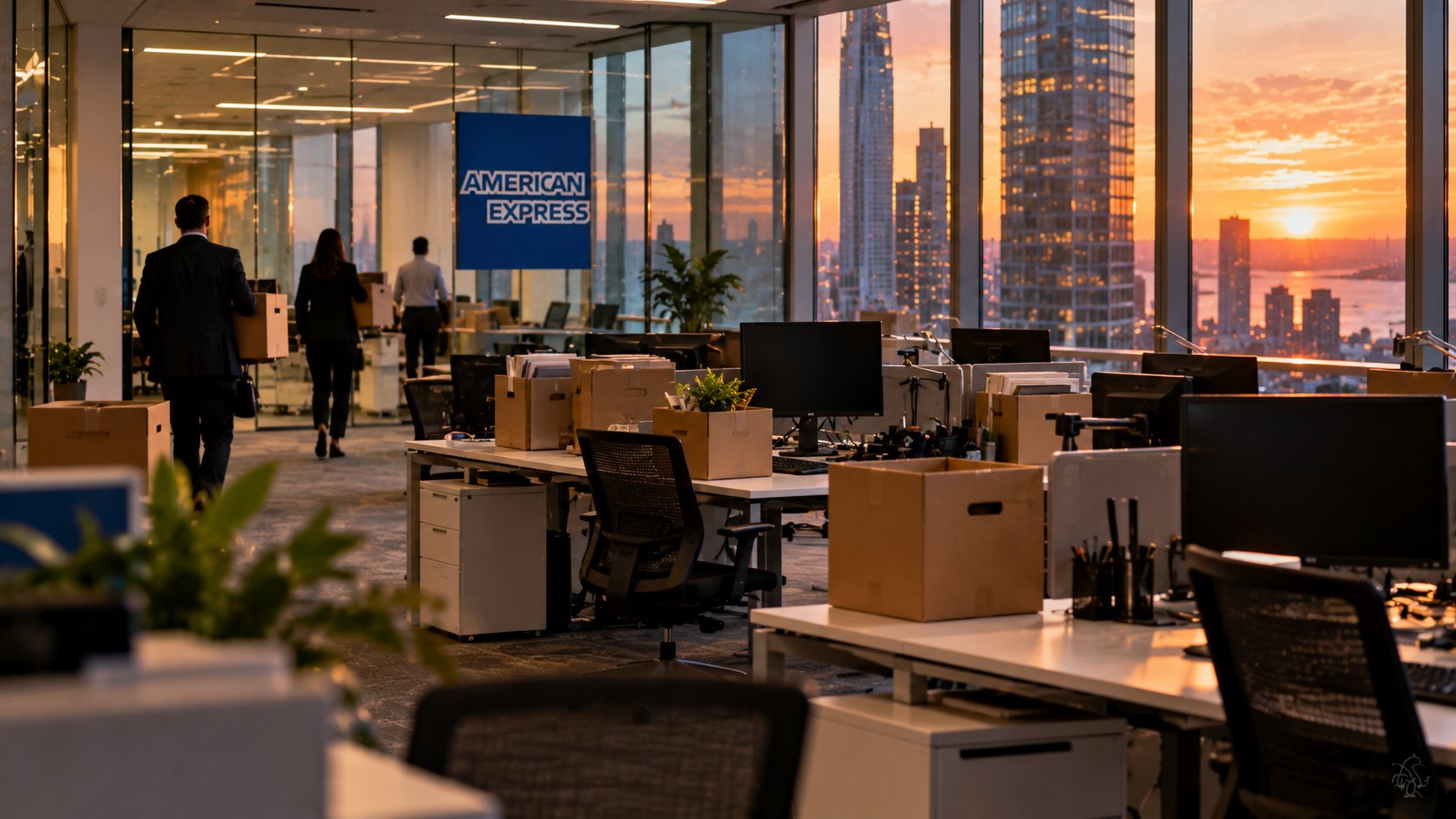Ilustración editorial generada con IA: un piso de oficinas con escritorios vacíos y cajas de mudanza al atardecer, con el logo de American Express en una pared de vidrio y Manhattan de fondo; composición conceptual, no es una fotografía de las oficinas ni de despidos reales.