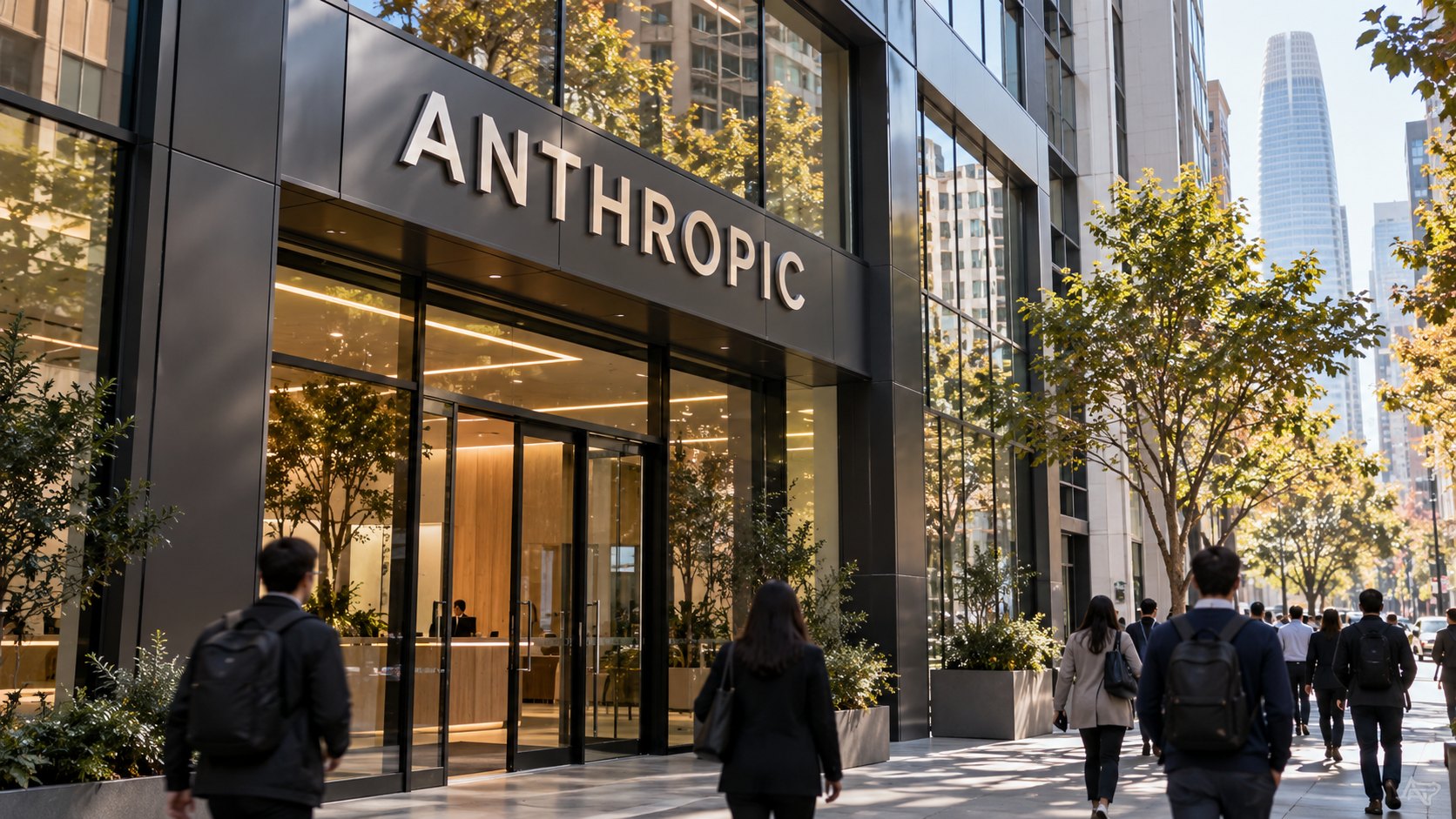 Ilustración editorial generada con IA: la entrada de un edificio de oficinas en San Francisco con el nombre de Anthropic sobre la puerta, con peatones de espaldas en la vereda; composición conceptual, no es una fotografía de la sede real.