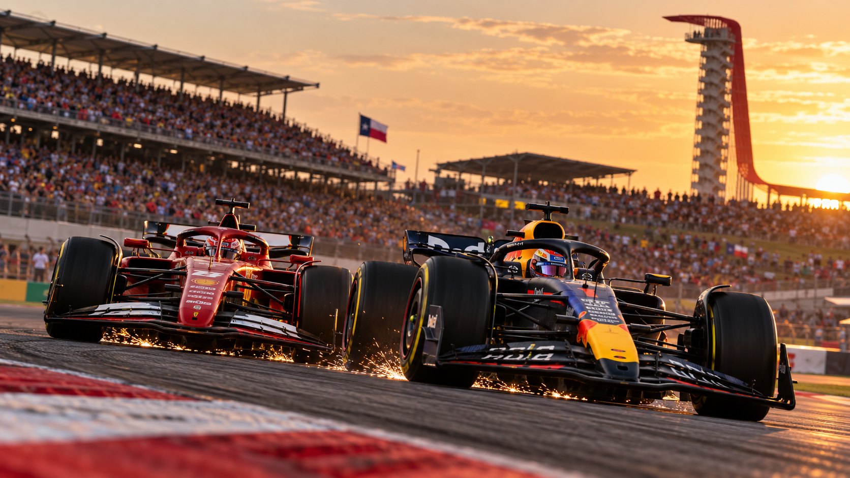 Ilustración editorial generada con IA: un Ferrari rojo y un Red Bull azul oscuro de Fórmula 1 lado a lado en la frenada de una curva del Circuito de las Américas, con chispas bajo los autos, tribunas llenas y la torre de observación roja al atardecer; no es una fotografía de la maniobra real.