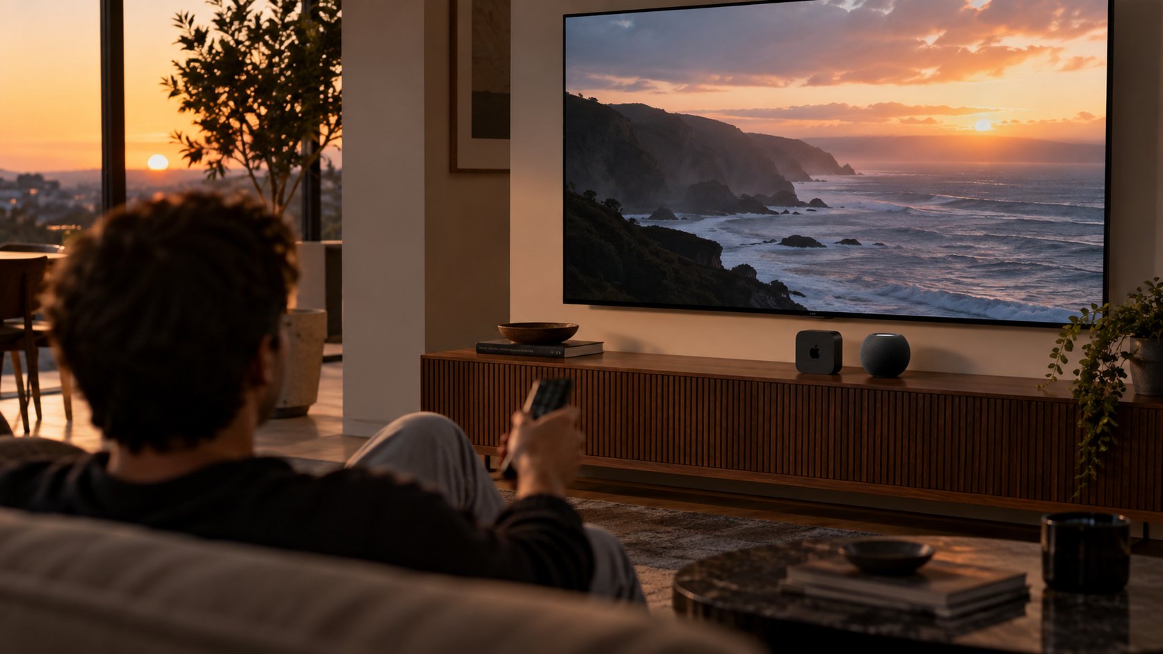 Ilustración editorial generada con IA: un living al atardecer con una persona de espaldas en el sillón frente a un televisor y, sobre el mueble bajo, un Apple TV y un HomePod mini; composición conceptual, no es una fotografía oficial de los productos.