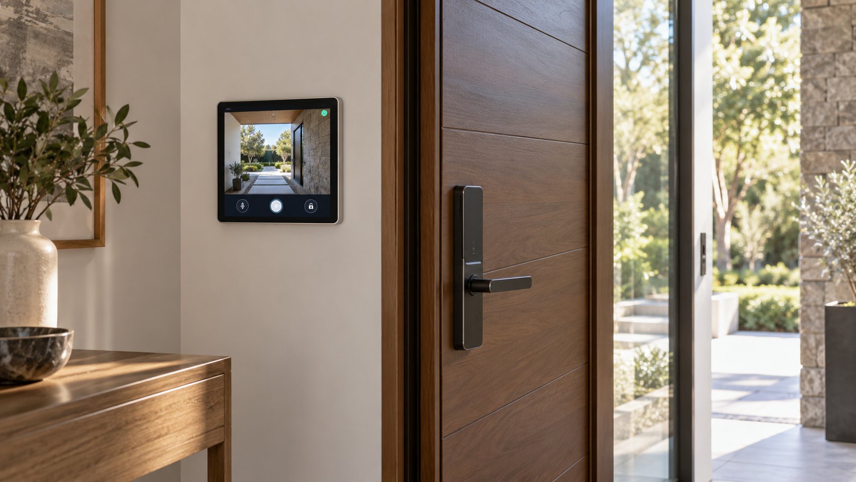 Ilustración editorial generada con IA: un recibidor con una cerradura inteligente en la puerta de entrada y, en la pared, una pantalla HomeView amurada que muestra la cámara de la entrada; composición conceptual, no es una fotografía de los accesorios de la Apple Home Collection.