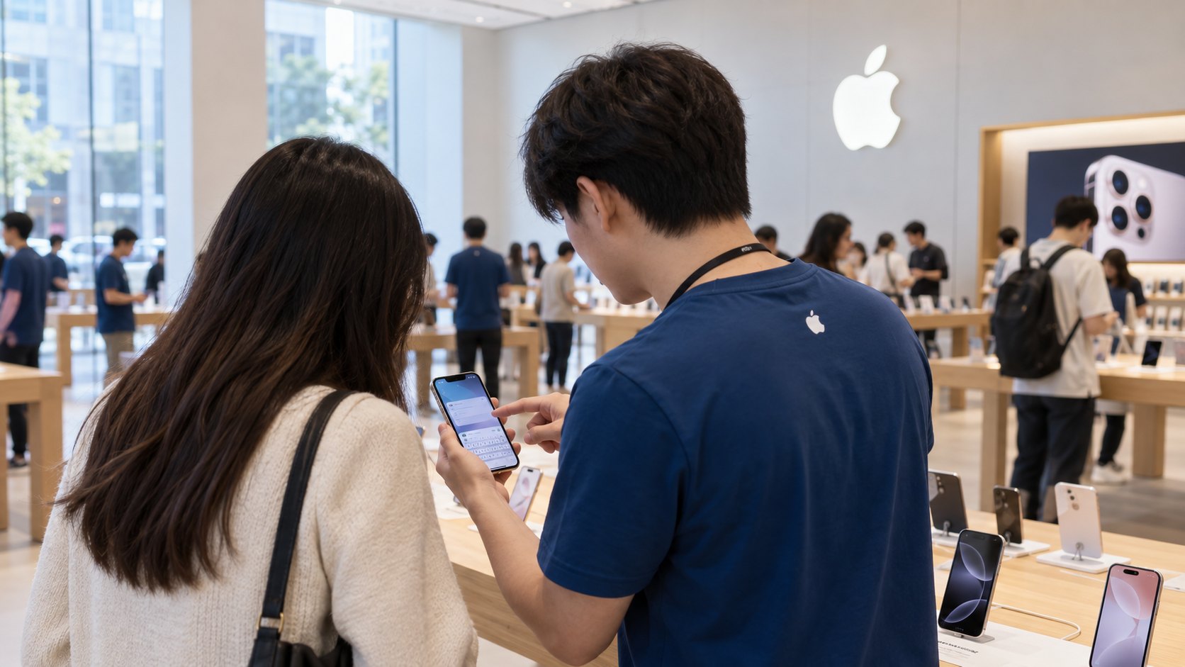 Ilustración editorial generada con IA: en una tienda Apple de Shanghai, un vendedor con remera azul de Apple muestra a una clienta funciones de escritura en un iPhone, junto a mesas de madera con iPhones en exhibición y el logo de la manzana en la pared; composición conceptual, no es una fotografía de una tienda ni de una demostración real.