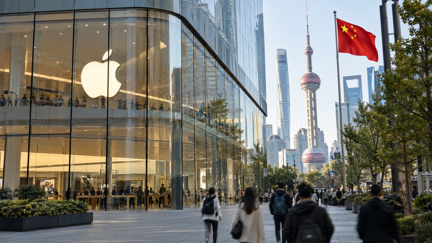 Ilustración editorial generada con IA: una tienda Apple de fachada vidriada con el logo de la manzana en Shanghai, con la bandera de China flameando en un mástil y la torre Perla Oriental de Pudong al fondo, peatones de espaldas; composición conceptual, no es una fotografía de una sede real de la compañía.