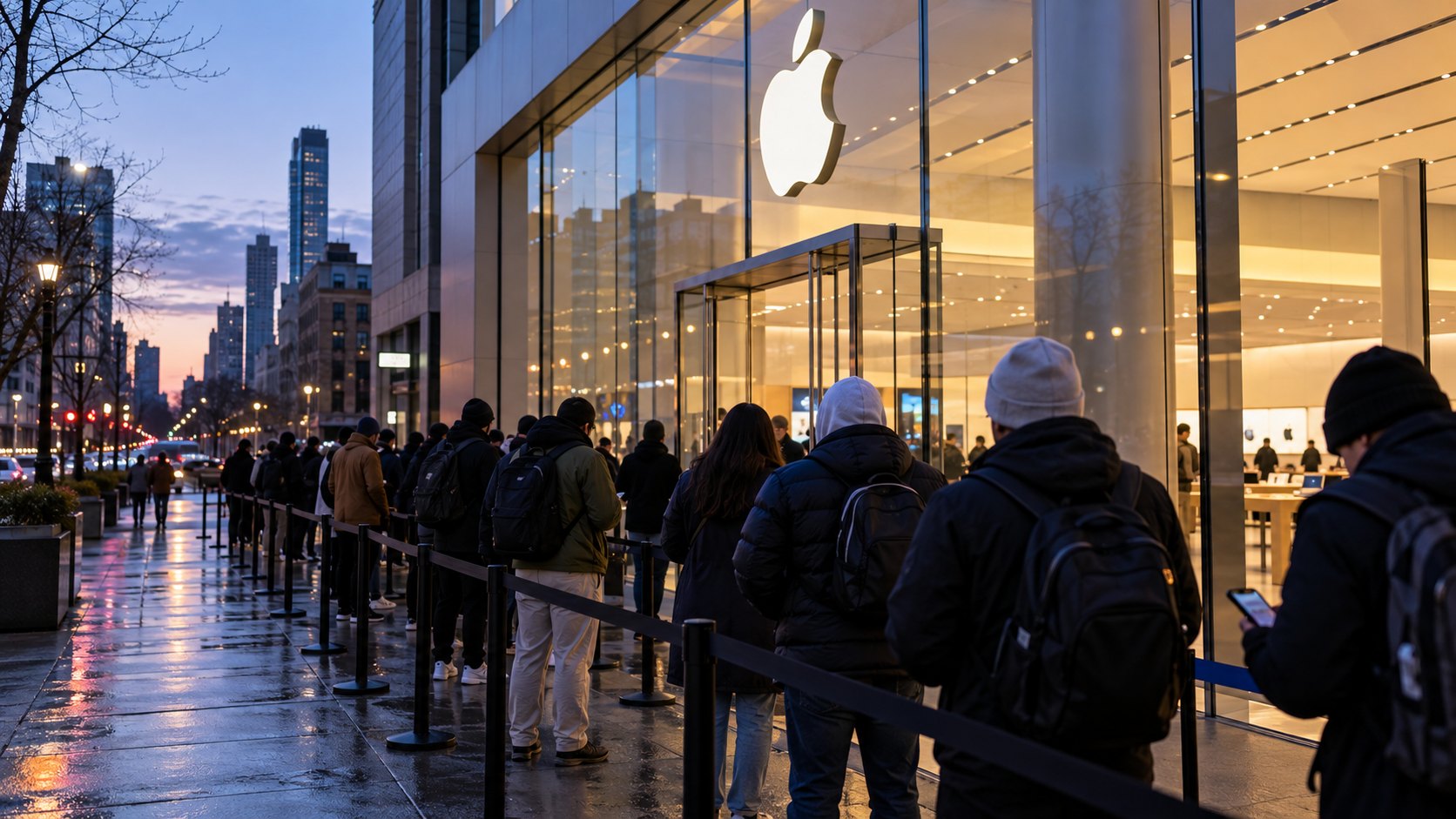 Ilustración editorial generada con IA: una fila de compradores con mochilas y abrigos, de espaldas, espera al amanecer frente a la fachada de vidrio de un Apple Store con el logo de la manzana iluminado; composición conceptual, no es una fotografía de una tienda ni de una fila reales.