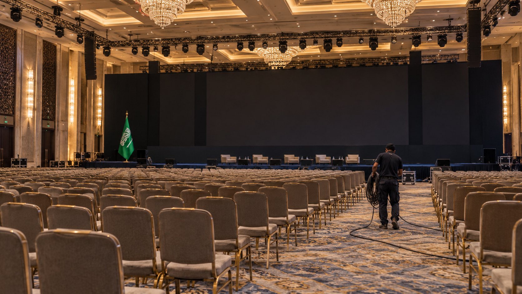 Ilustración editorial generada con IA: un gran salón de conferencias de un hotel de Riad, vacío, con cientos de sillas alineadas, el escenario apagado y una bandera de Arabia Saudita a un costado, mientras un operario recoge cables; composición conceptual, no es una fotografía de la sede real del FII.