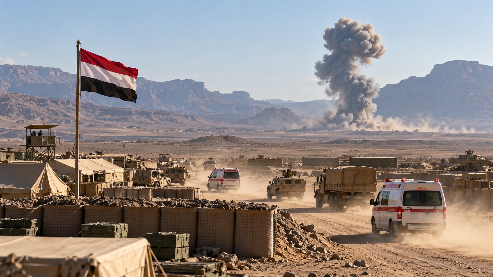 Ilustración editorial generada con IA: un campamento militar en el desierto del sur de Yemen, con una bandera yemení en un mástil, vehículos militares y ambulancias que levantan polvo y una columna de humo a lo lejos tras un impacto; composición conceptual, no es una fotografía del ataque real en Shabwa.