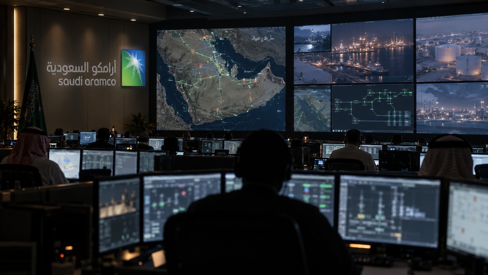 Ilustración editorial generada con IA: una sala de control de operaciones de Saudi Aramco, con el logo de la compañía en la pared, pantallas con un mapa de la península arábiga, oleoductos y terminales, y operadores de espaldas; composición conceptual, no es una fotografía del centro de operaciones real.