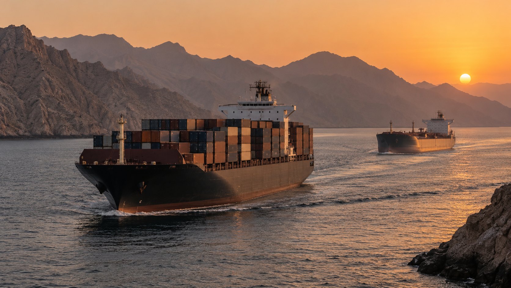 Ilustración editorial generada con IA: un buque portacontenedores y, más atrás, un petrolero navegan por el estrecho de Ormuz al atardecer, con las montañas de Musandam al fondo; composición conceptual, no es una fotografía de los buques alcanzados.