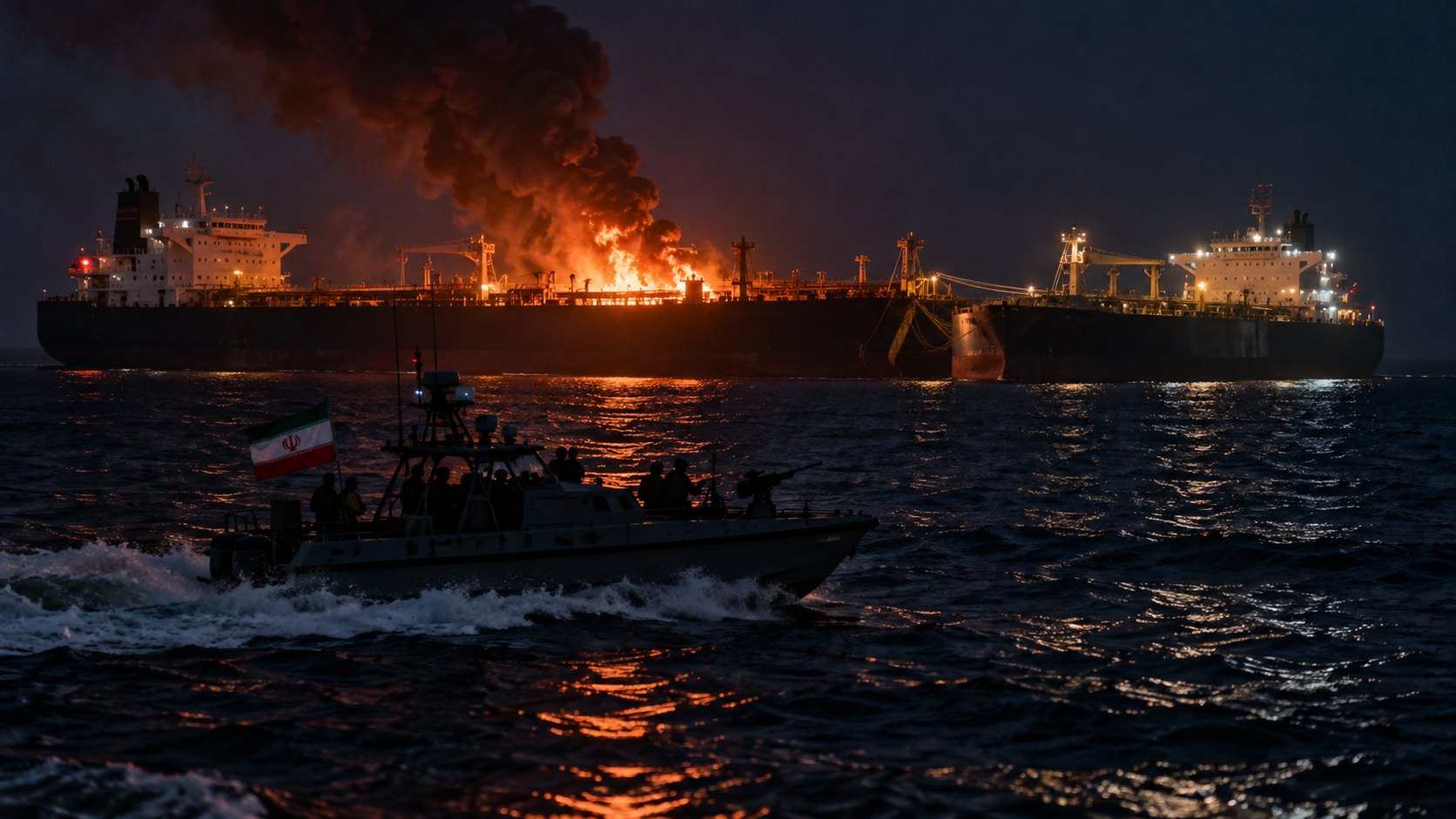 Ilustración editorial generada con IA: de noche, dos petroleros amarrados costado con costado en el golfo Pérsico, uno de ellos con un incendio en cubierta, y en primer plano una lancha rápida con bandera de Irán; composición conceptual, no es una fotografía de los buques mencionados por la Guardia Revolucionaria.