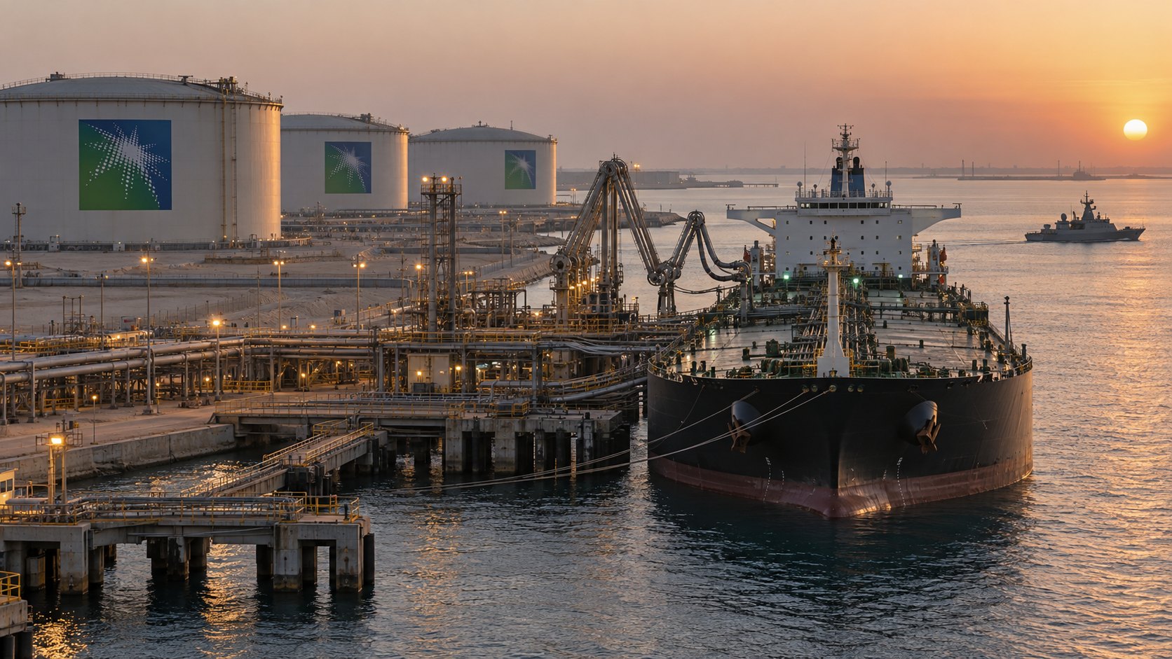 Ilustración editorial generada con IA: al amanecer, un petrolero de gran porte amarrado en una terminal de exportación de crudo de Saudi Aramco sobre el golfo Pérsico, con tanques con el logo de Aramco y un patrullero a lo lejos; composición conceptual, no es una fotografía de una instalación identificada.
