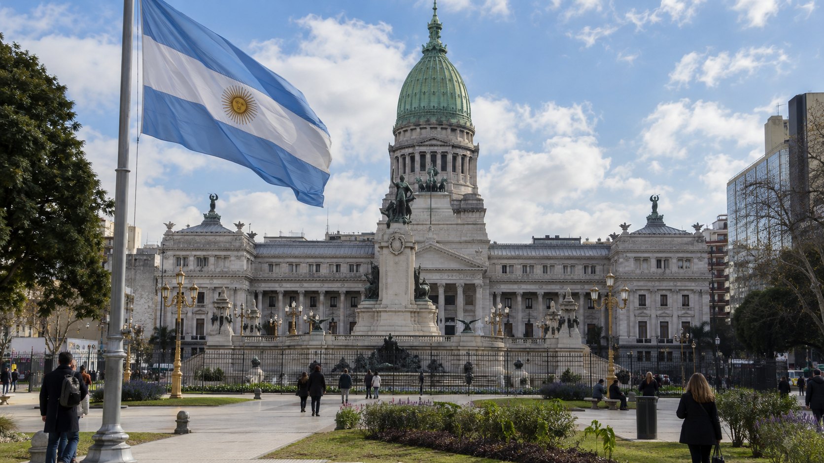 Ilustración editorial generada con IA: el Palacio del Congreso de la Nación Argentina, en Buenos Aires, con su cúpula verde, visto de día desde la plaza, con una bandera argentina en primer plano; composición representativa, no es una fotografía de una sesión.