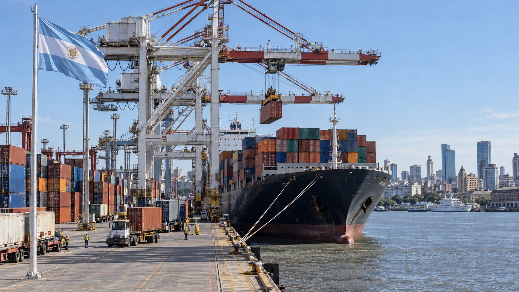 Ilustración editorial generada con IA: una terminal de contenedores del puerto de Buenos Aires con grúas cargando un buque portacontenedores y una bandera argentina; composición conceptual sobre el comercio exterior, no es una fotografía de un embarque específico.