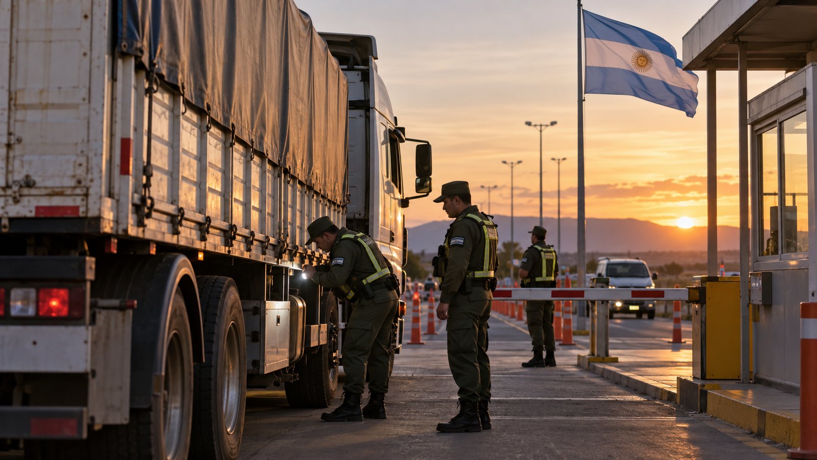 Ilustración editorial generada con IA: gendarmes con uniforme verde oliva y chaleco reflectivo revisan con linternas un camión de carga en un paso fronterizo del norte argentino al atardecer, junto a una barrera y la bandera argentina; composición conceptual, no es una fotografía de un control real.