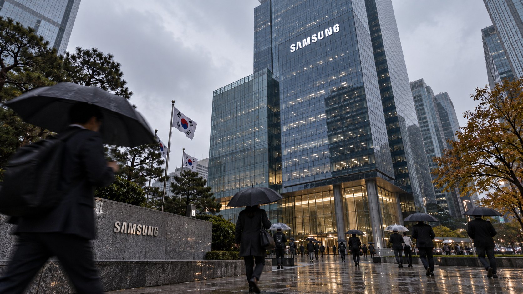 Ilustración editorial generada con IA: la torre de Samsung en Seúl con el logo de la empresa en la fachada, un día gris de lluvia, con peatones con paraguas y banderas surcoreanas; composición conceptual, no es una fotografía de un hecho real.