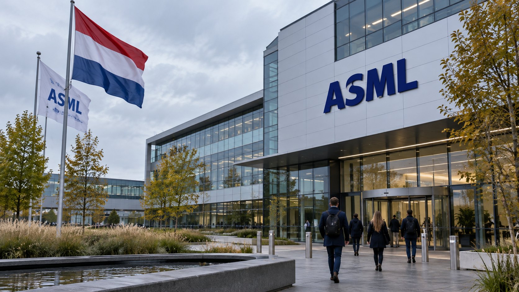 Ilustración editorial generada con IA: la fachada de vidrio y acero de la sede de ASML en Veldhoven, Países Bajos, con el nombre ASML en el edificio, una bandera neerlandesa y empleados entrando bajo un cielo nublado; composición conceptual, no es una fotografía del edificio real.