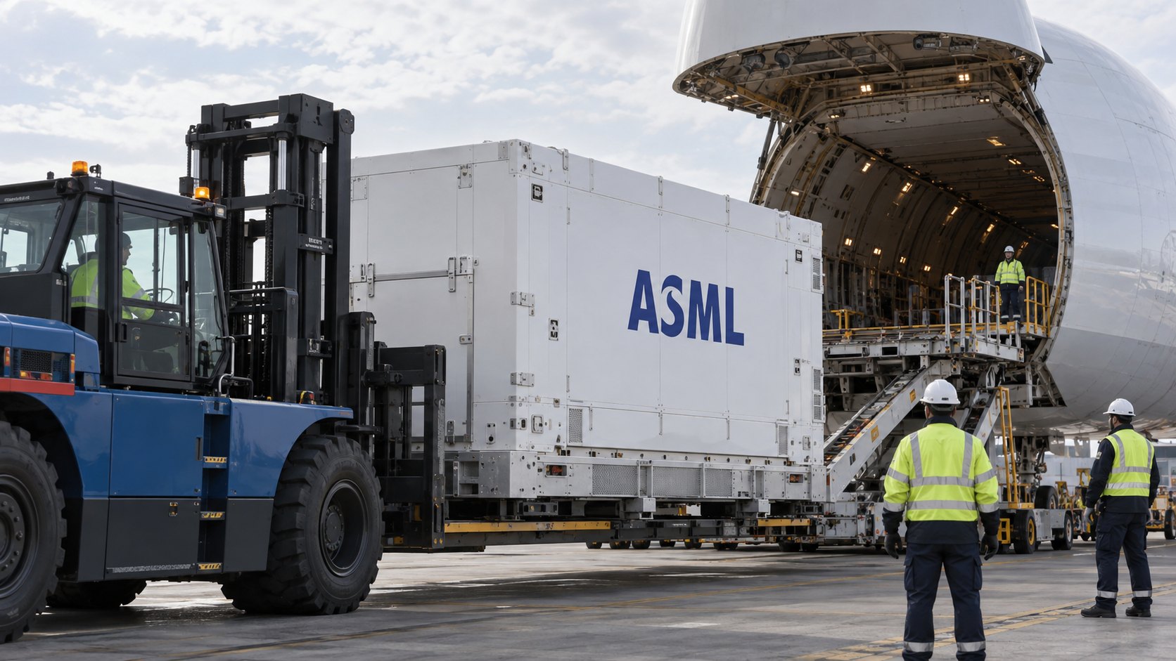 Ilustración editorial generada con IA: un autoelevador traslada una enorme caja de transporte blanca con el nombre ASML hacia la bodega abierta de un avión de carga, con operarios con chalecos reflectivos en la plataforma; composición conceptual, no es una fotografía de un envío real.