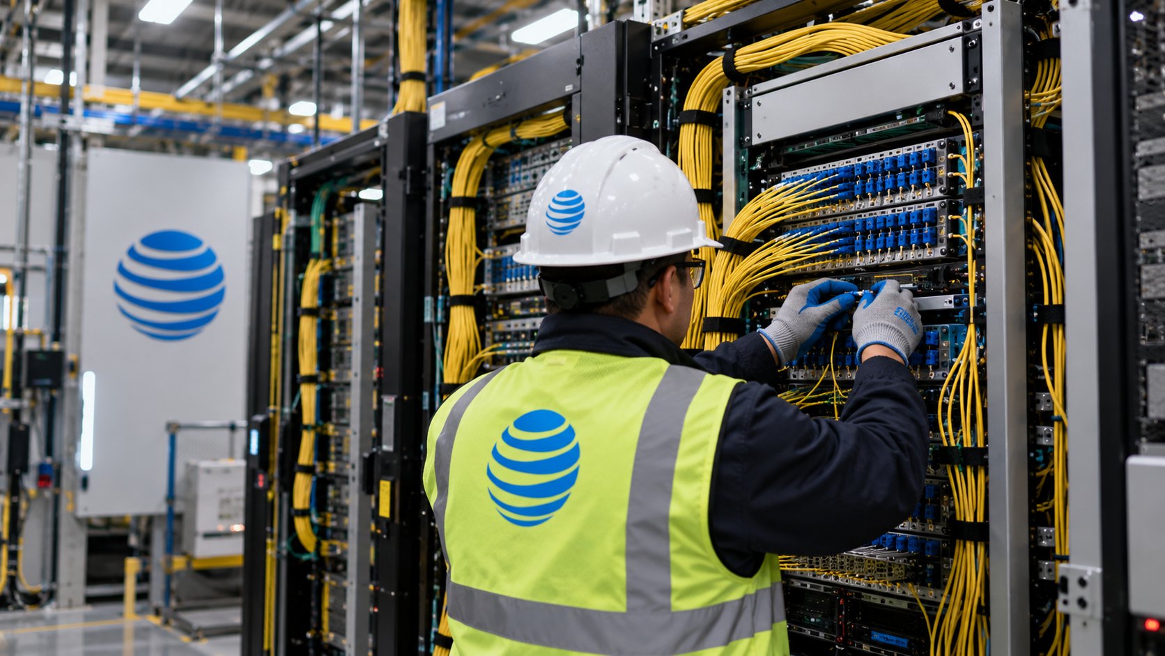Ilustración editorial generada con IA: un técnico de espaldas, con casco y chaleco con el logo de AT&T, conecta cables de fibra óptica amarillos en bastidores de distribución dentro de una central técnica, con el logo de la empresa en un panel al fondo; composición conceptual, no es una fotografía de una central real.