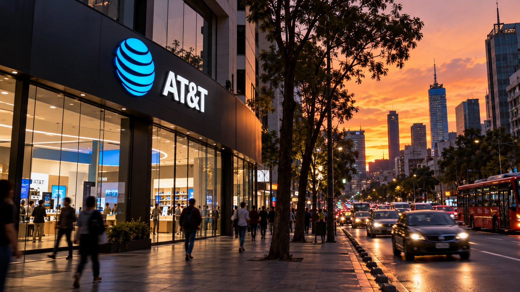 Ilustración editorial generada con IA: una tienda de AT&T con el logo de la empresa iluminado en la fachada, sobre una avenida de la Ciudad de México al atardecer, con peatones anónimos y tránsito; composición conceptual, no es una fotografía de un local real.