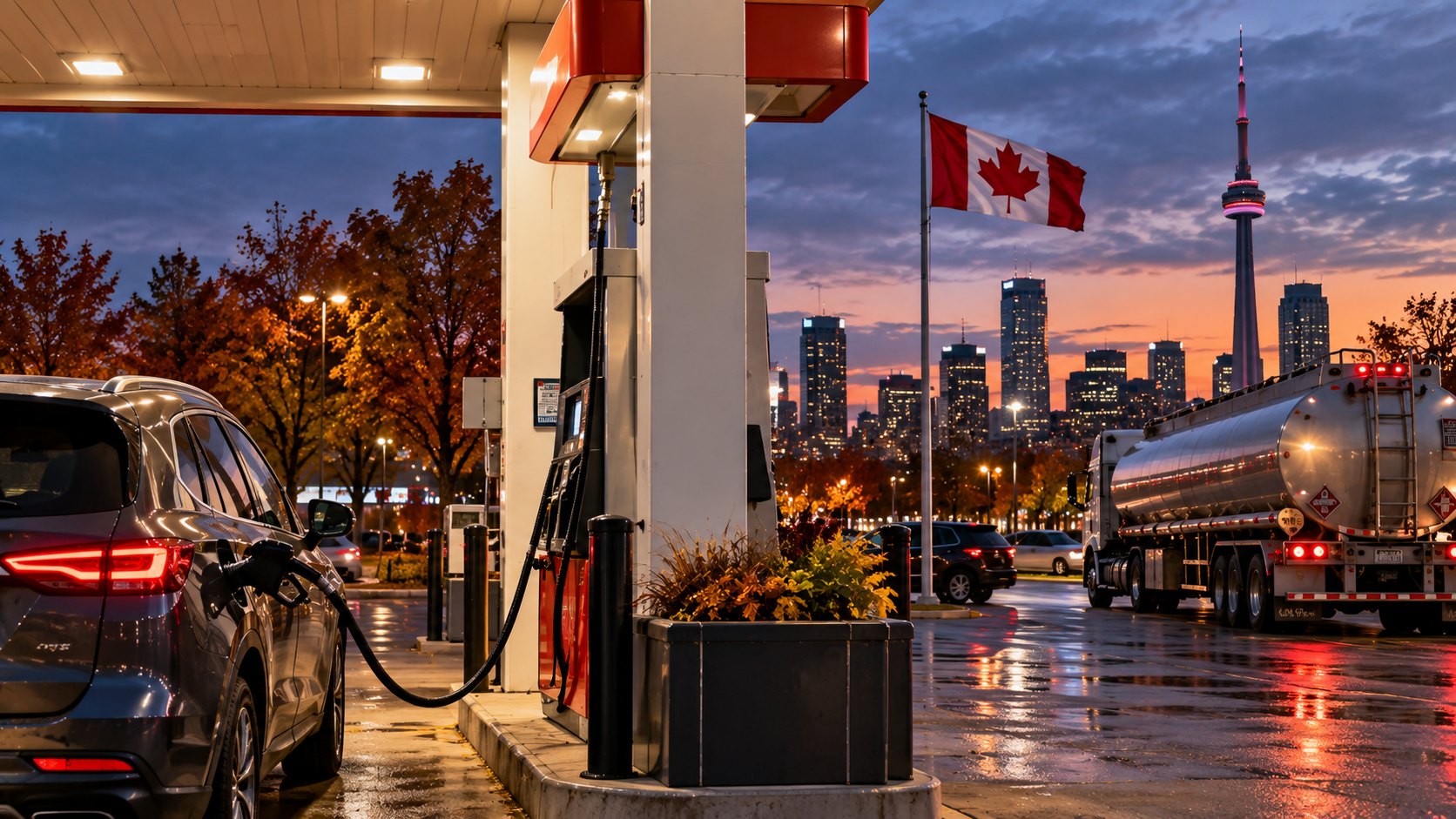 Ilustración editorial generada con IA: un auto carga combustible en una estación de servicio de Toronto al anochecer, con un camión cisterna detrás, una bandera de Canadá y la torre CN en el horizonte; composición conceptual, no es una fotografía documental.