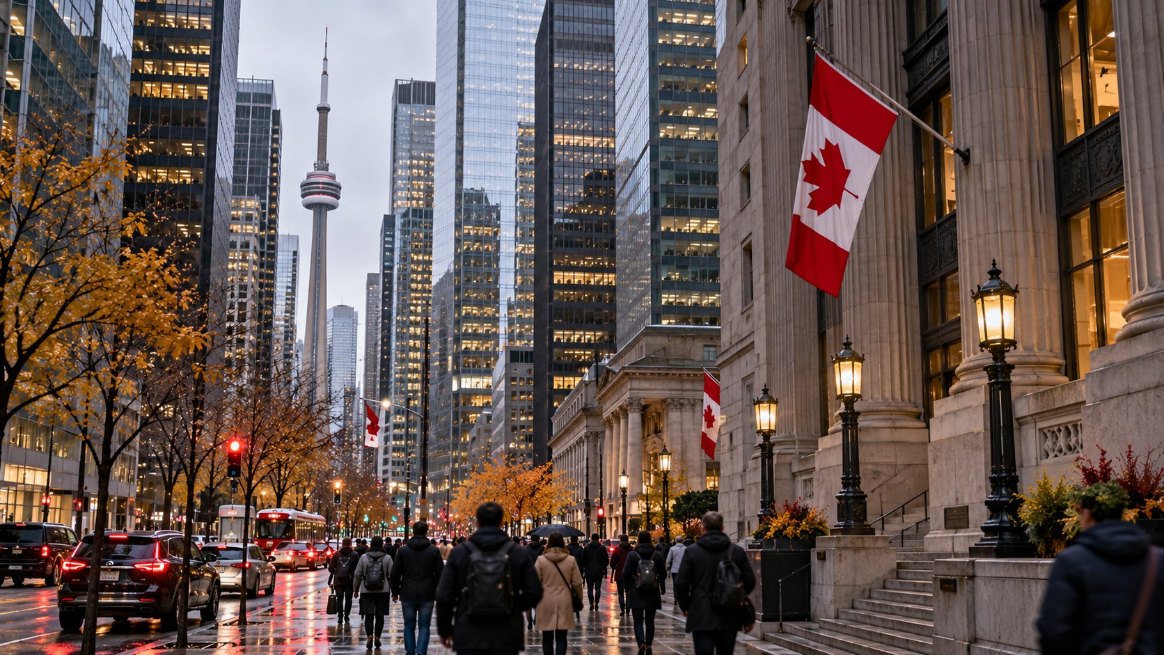 Ilustración editorial generada con IA: Bay Street, el centro financiero de Toronto, en una mañana gris de otoño, con torres de oficinas, peatones de espaldas y una bandera de Canadá en un edificio; composición conceptual, no es una fotografía documental.